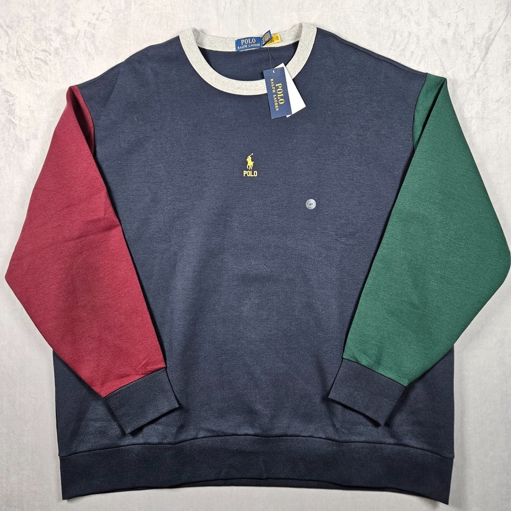 NEW Polo Ralph Lauren Sweatshirt Mens 4XB Blue Color-Blocked Double Knit Pony